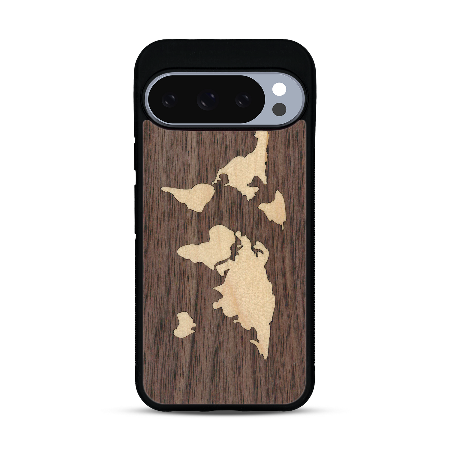 Coque de protection en bois véritable fabriquée en France pour  alliant du bambou et du noyer sur le thème du voyage et de l'aventure représentant une mappemonde