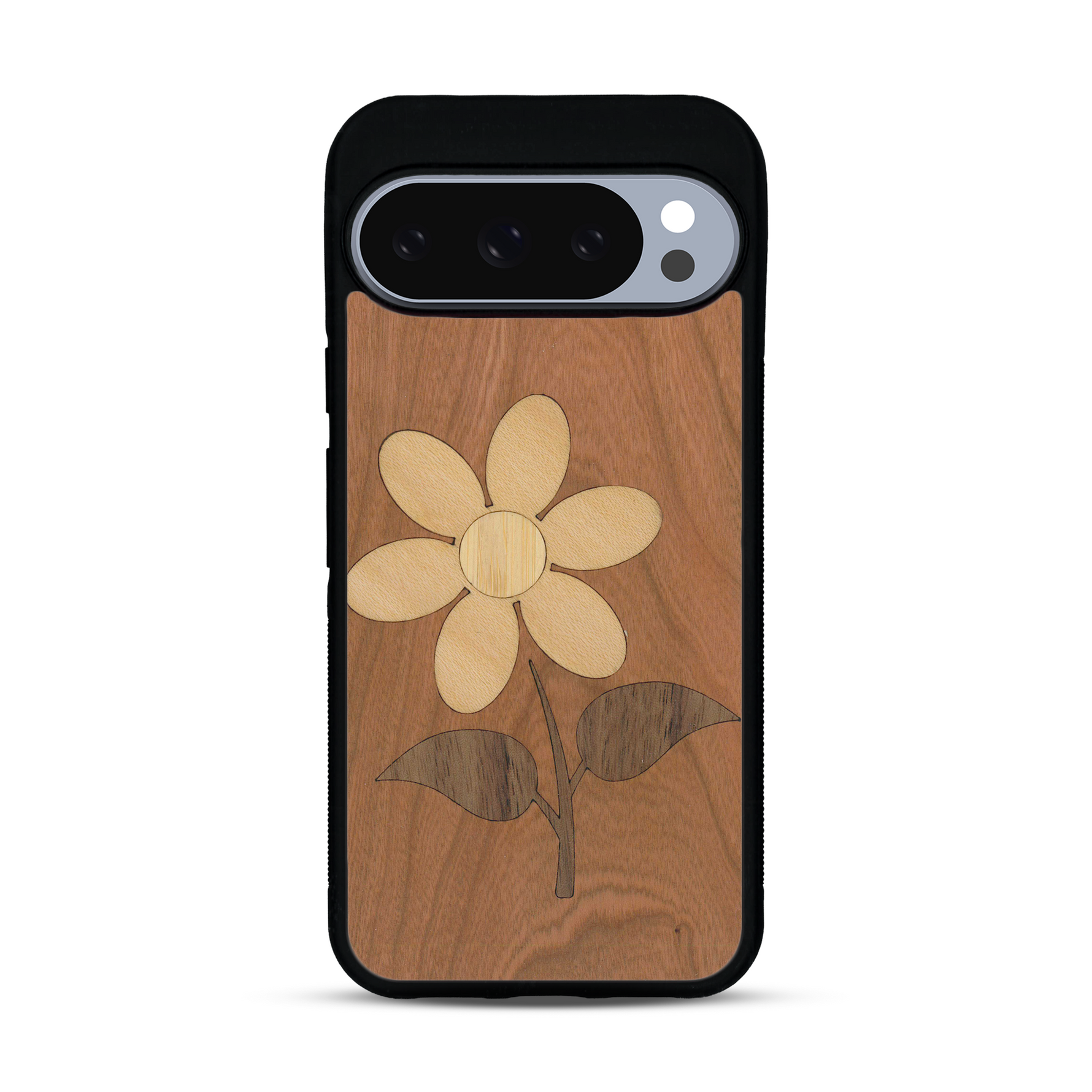 Coque de protection en bois véritable fabriquée en France pour  alliant plusieurs essences de bois pour représenter une marguerite