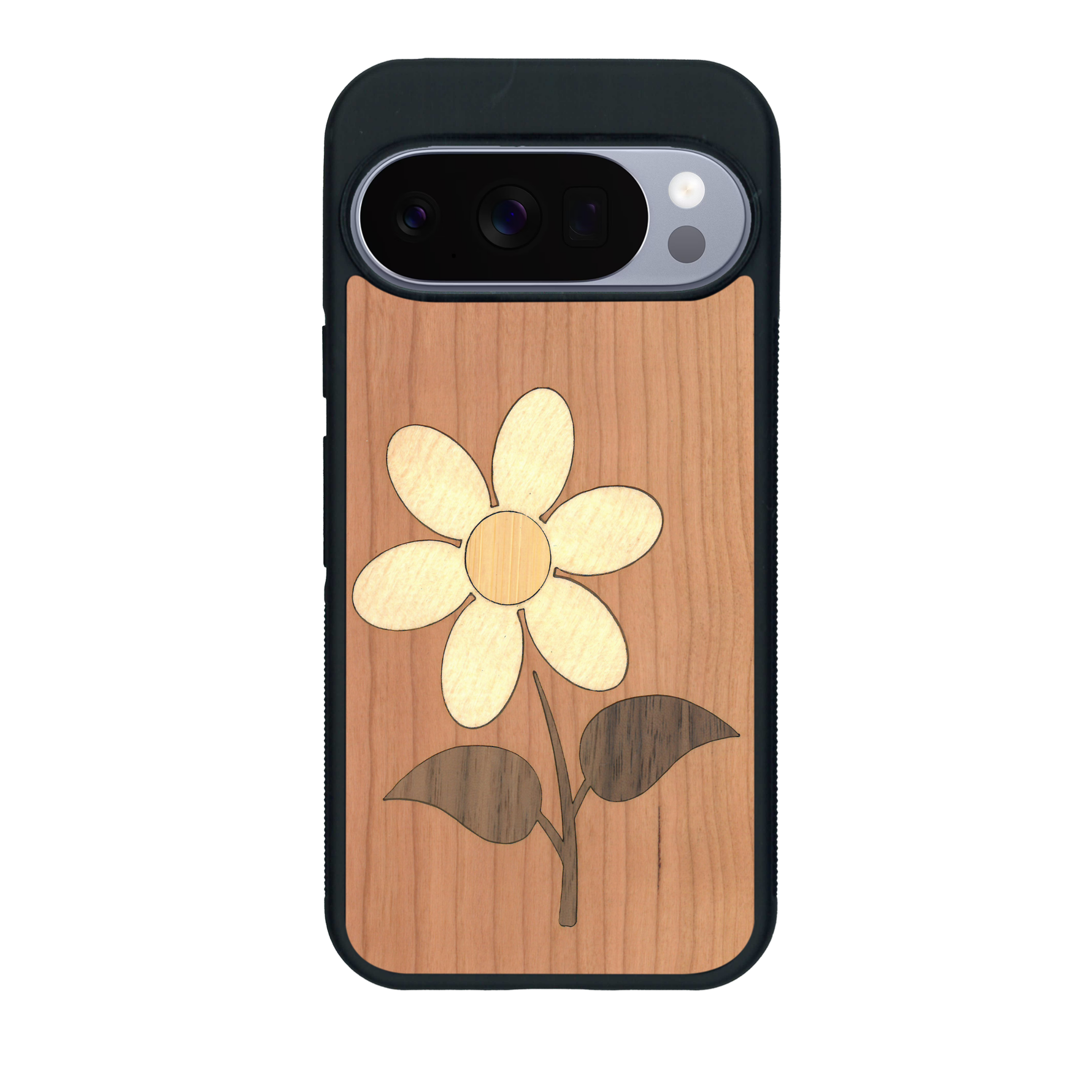 Coque de protection en bois véritable fabriquée en France pour Google Pixel 10 Pro XL alliant plusieurs essences de bois pour représenter une marguerite