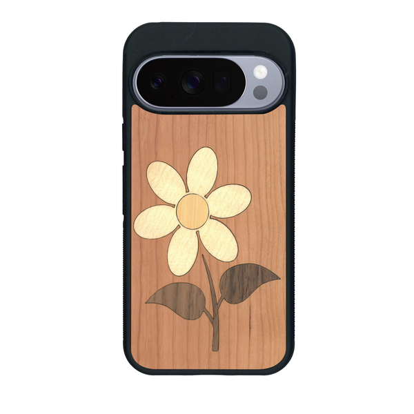 Coque de protection en bois véritable fabriquée en France pour Google Pixel 10 Pro XL alliant plusieurs essences de bois pour représenter une marguerite