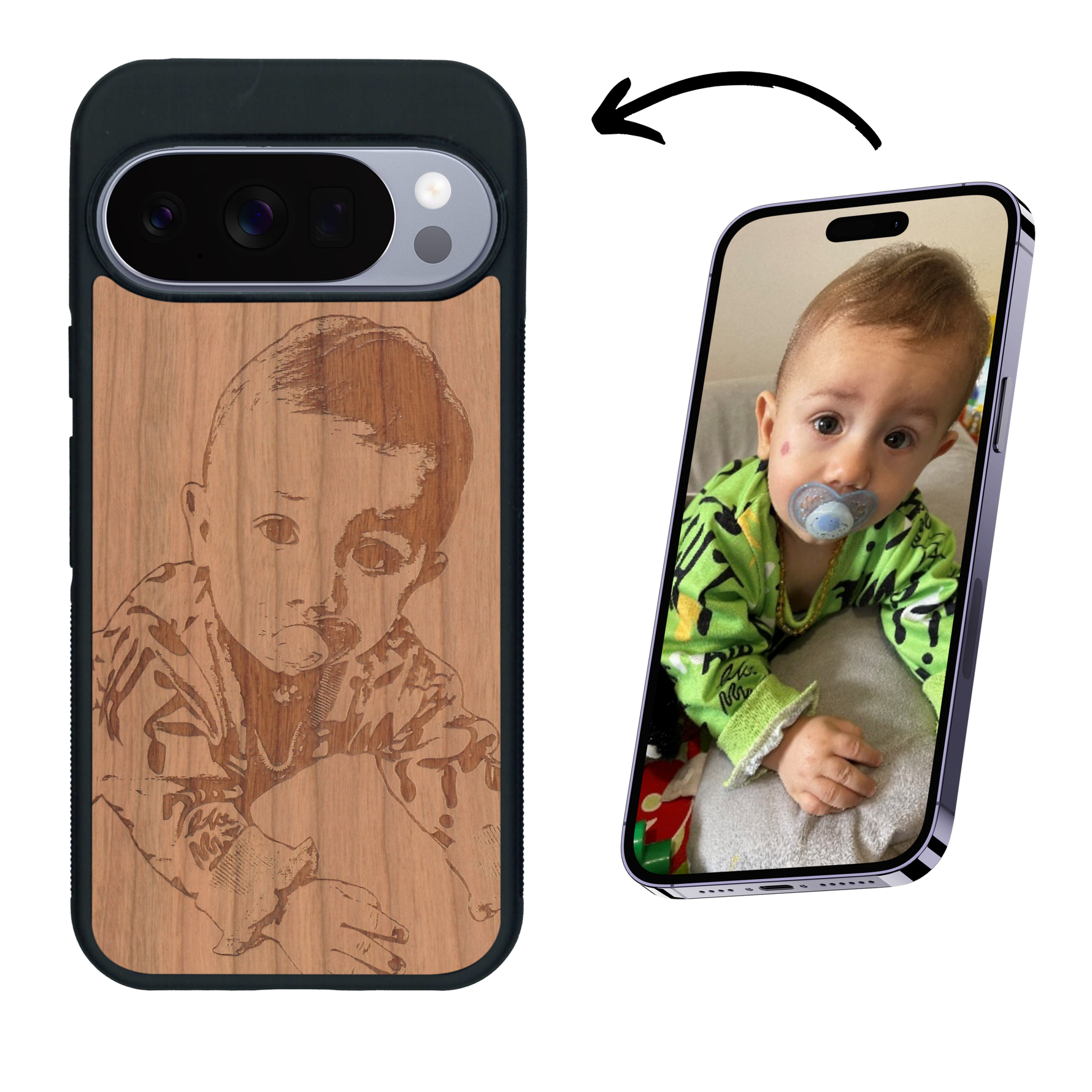 Coque de protection en bois véritable fabriquée en France pour Google Pixel 10 Pro XL avec gravure personnalisée à partir d'une photo, d'une image, d'un logo, des initials ou d'une phrase