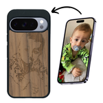 Coque de protection en bois véritable fabriquée en France pour Google Pixel 10 Pro XL avec gravure personnalisée à partir d'une photo, d'une image, d'un logo, des initials ou d'une phrase