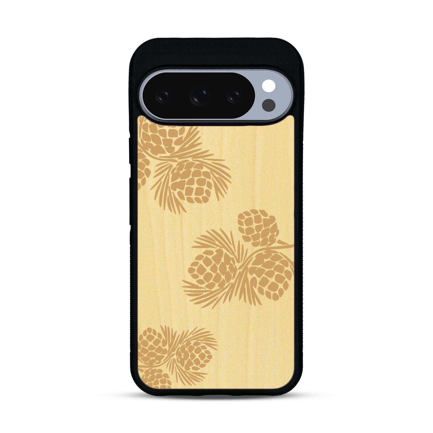 Coque de protection en bois véritable fabriquée en France pour  sur le thème de la nature des arbres avec un motif de gravure représentant des épines de sapin et des pommes de pin