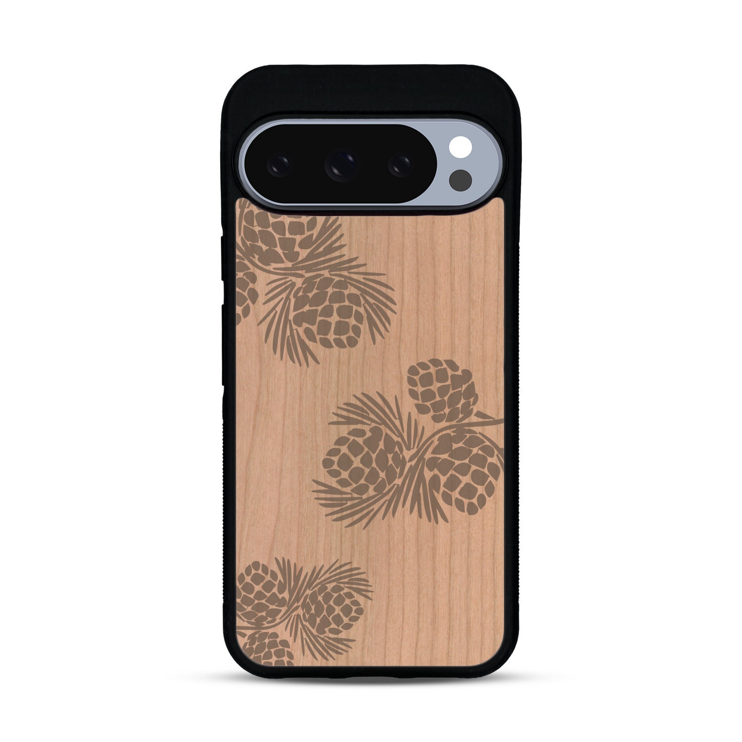Coque de protection en bois véritable fabriquée en France pour  sur le thème de la nature des arbres avec un motif de gravure représentant des épines de sapin et des pommes de pin