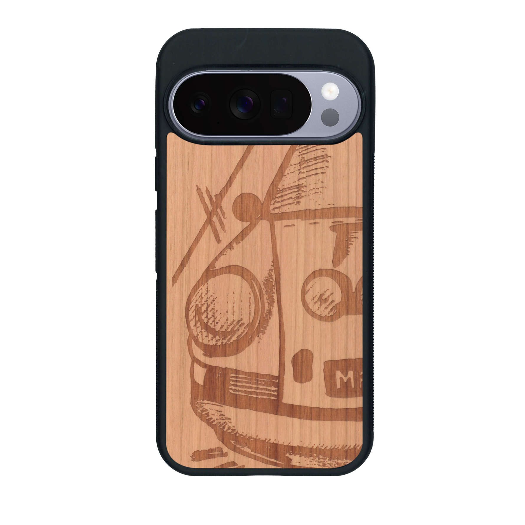 Coque de protection en bois véritable fabriquée en France pour Google Pixel 10 Pro XL sur le thème de l'automobile avec une authentique Porsche