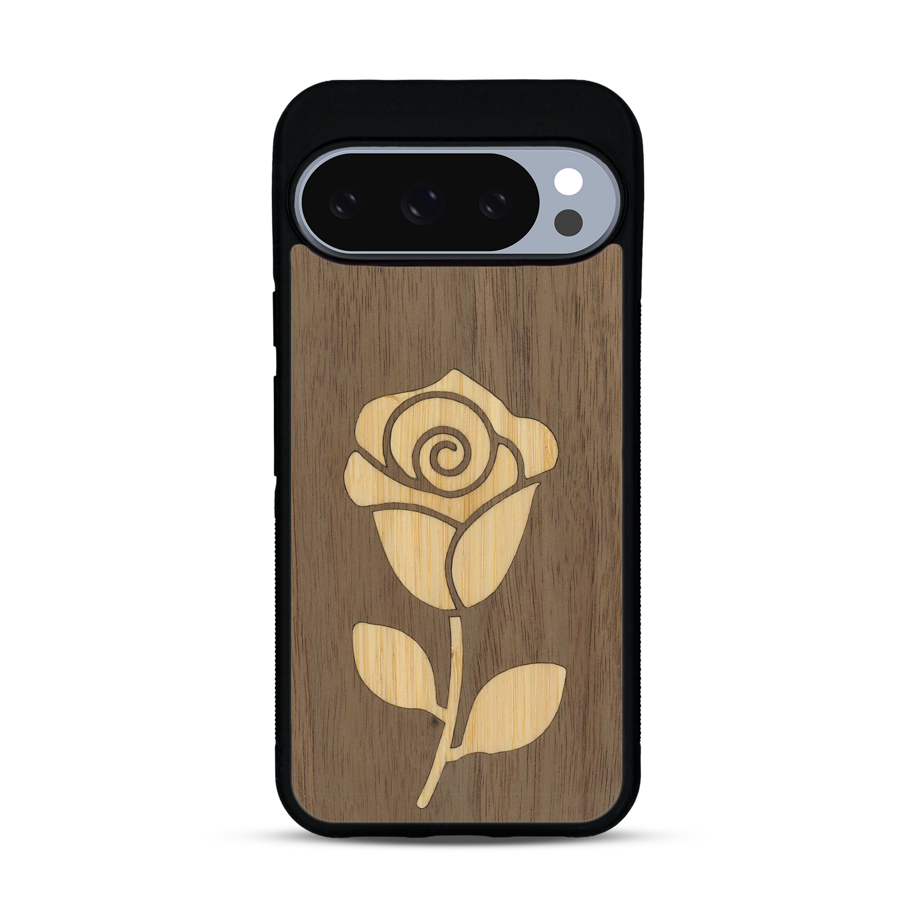 Coque de protection en bois véritable fabriquée en France pour  alliant plusieurs essences de bois pour représenter une rose
