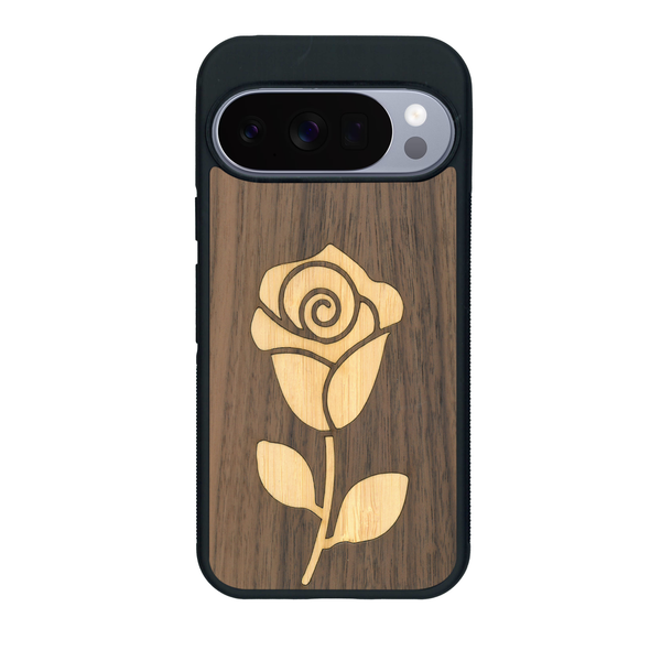Coque de protection en bois véritable fabriquée en France pour Google Pixel 10 Pro XL alliant plusieurs essences de bois pour représenter une rose