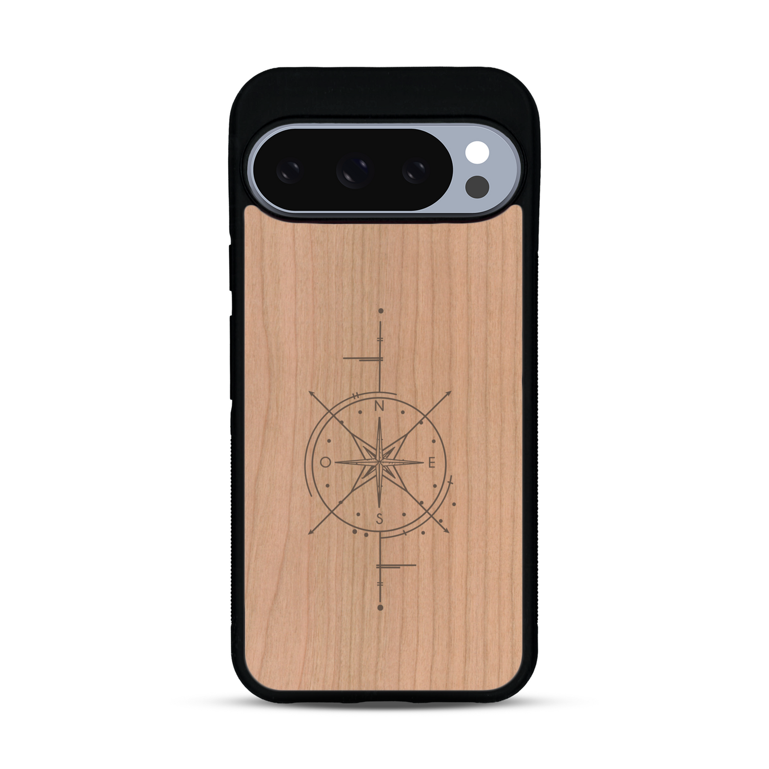 Coque de protection en bois véritable fabriquée en France pour  avec une gravure "rose des vents" sur le thème nautique et de l'océan qui s'inspire des boussoles de pirate