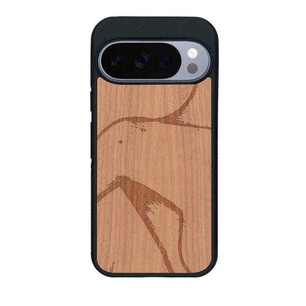 Coque de protection en bois véritable fabriquée en France pour Google Pixel 10 Pro XL représentant une silhouette féminine dessinée à la main par l'artiste Maud Dabs