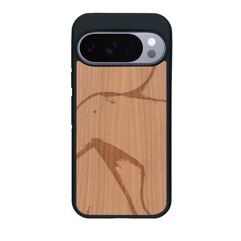 Coque de protection en bois véritable fabriquée en France pour Google Pixel 10 Pro XL représentant une silhouette féminine dessinée à la main par l'artiste Maud Dabs