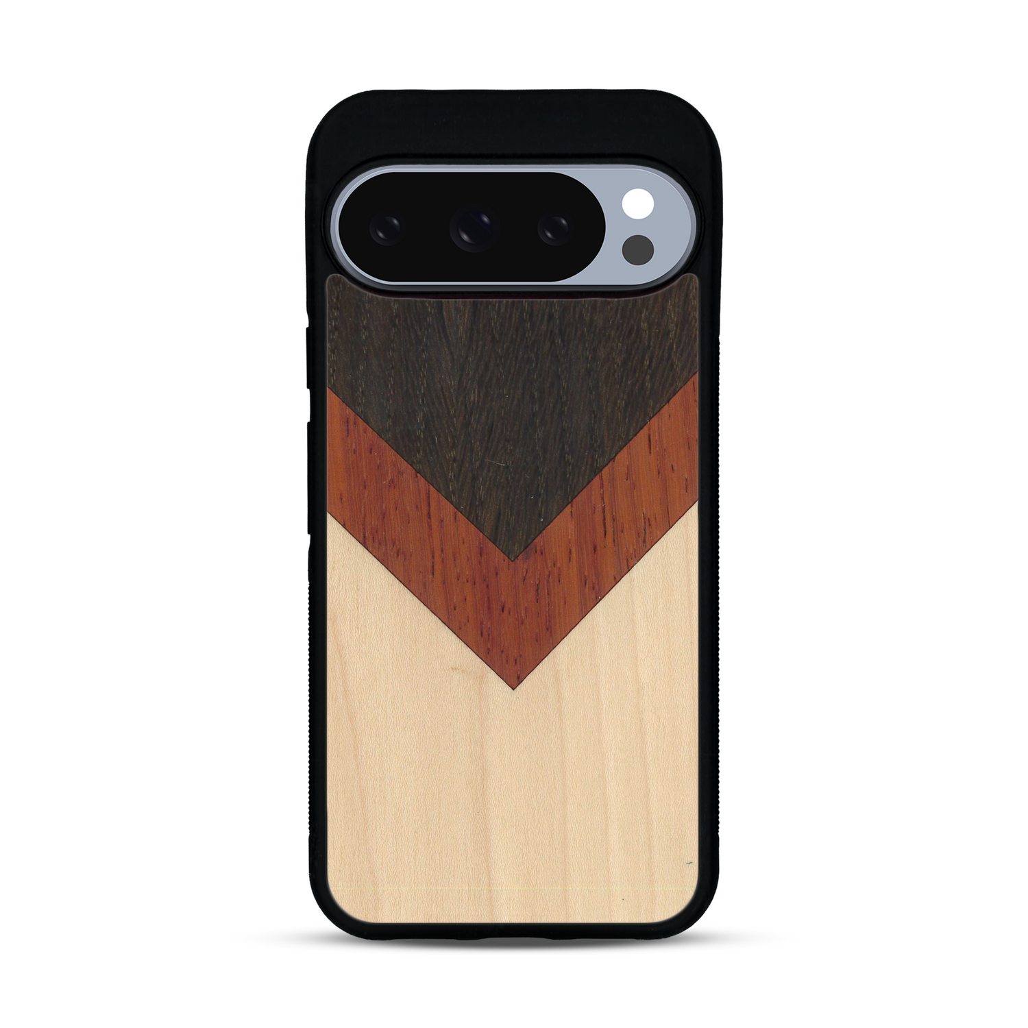 Coque de protection en bois véritable fabriquée en France pour  alliant du chêne fumé, du padouk et du bambou en forme de chevron sur le thème de l'art abstrait