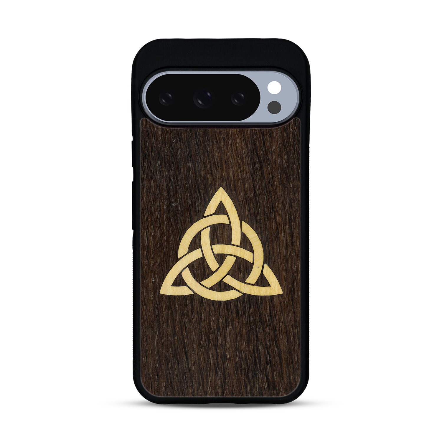 Coque de protection en bois véritable fabriquée en France pour  alliant du chêne fumé et du bambou représentant une triquetra