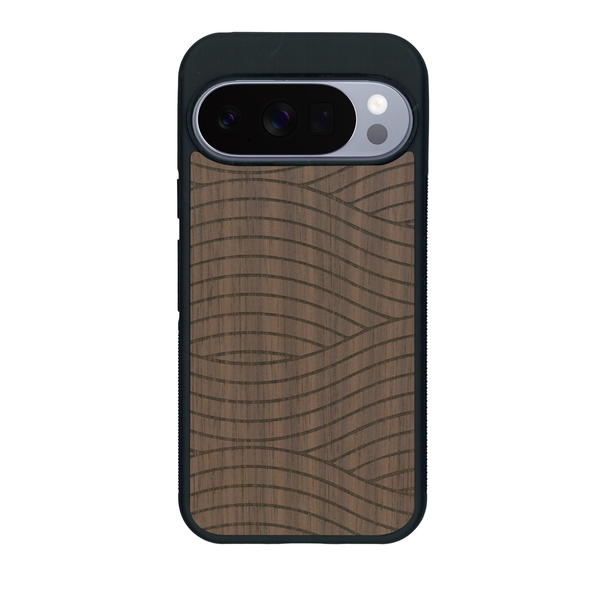 Coque de protection en bois véritable fabriquée en France pour Google Pixel 10 Pro XL avec un motif moderne et minimaliste sur le thème waves et wavy représentant les vagues de l'océan