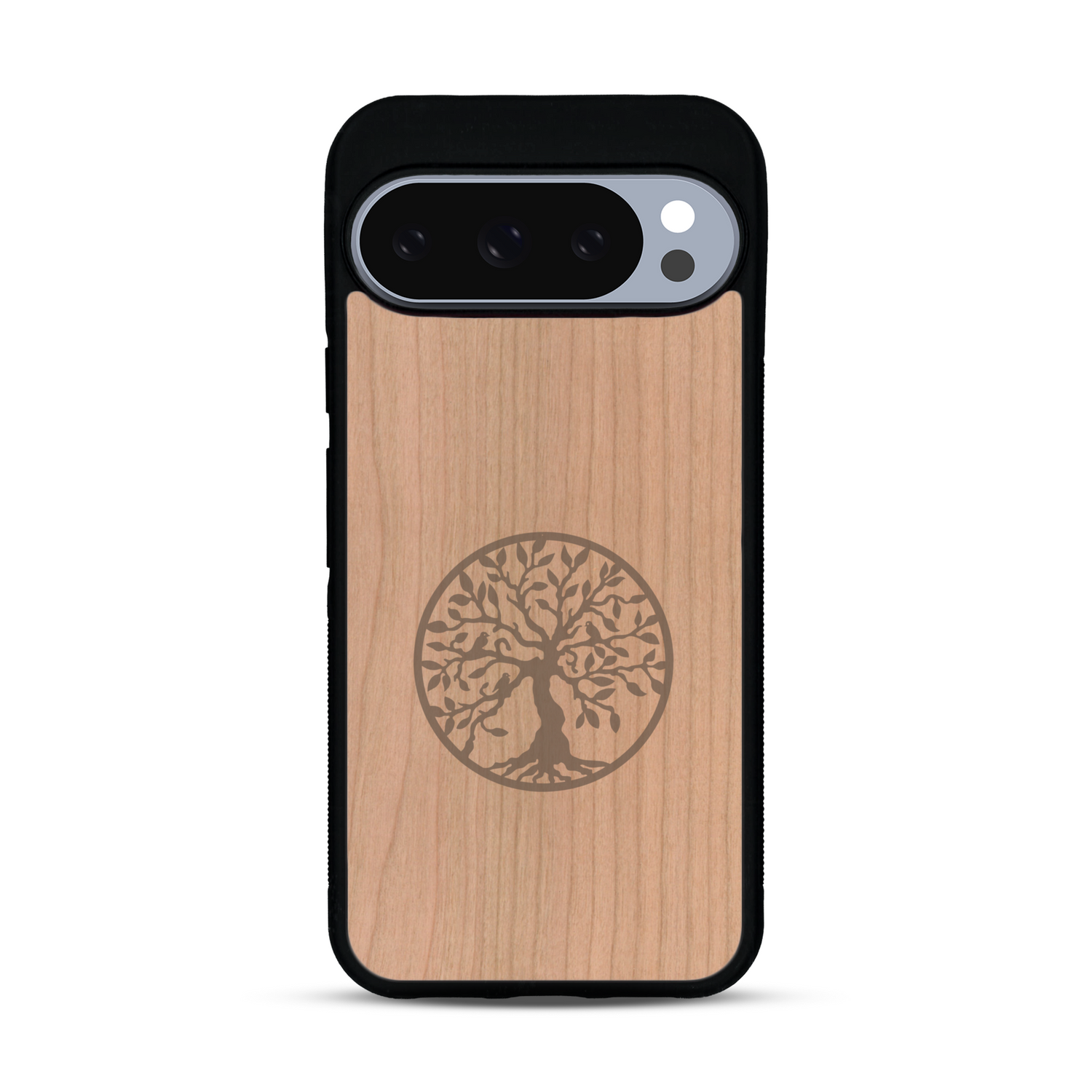 Coque de protection en bois véritable fabriquée en France pour  sur le thème de la spiritualité et du yoga avec une gravure zen représentant un arbre de vie