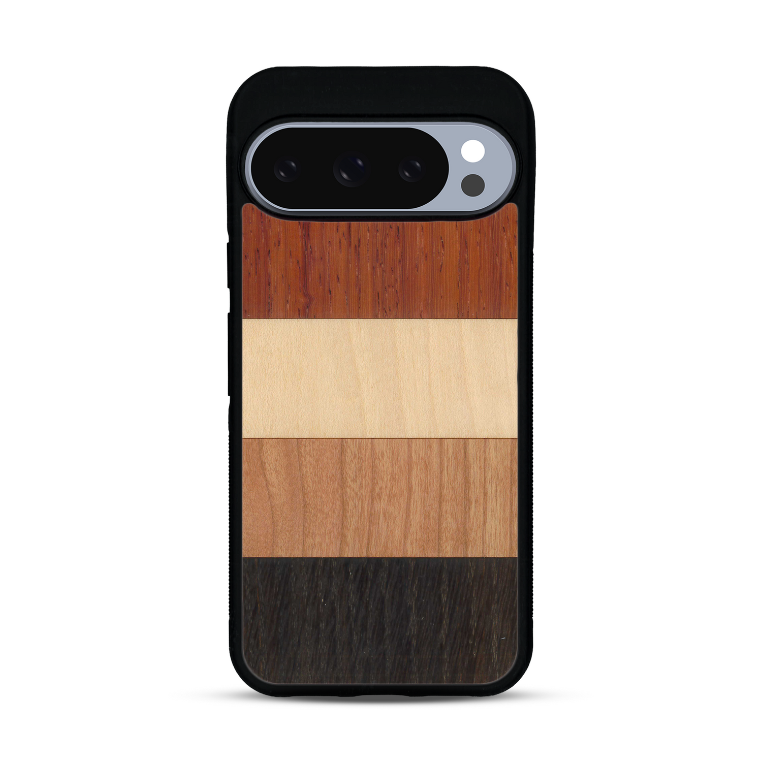 Coque de protection en bois véritable fabriquée en France pour  alliant des bandes horizontales de bambou, merisier, padouk, noyer et chêne fumé
