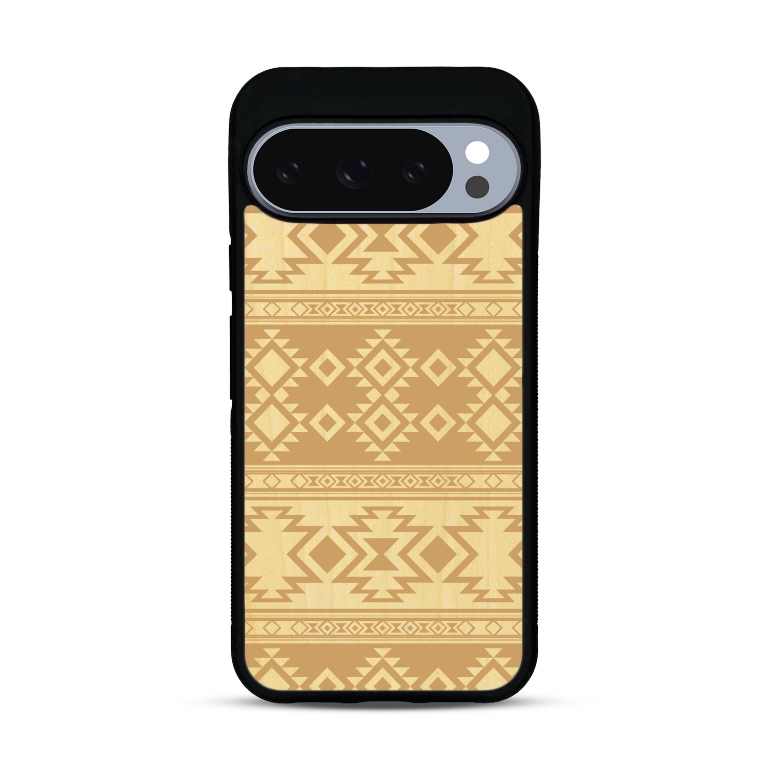 Coque de protection en bois véritable fabriquée en France pour  avec des motifs géométriques s'inspirant des temples aztèques, mayas et incas