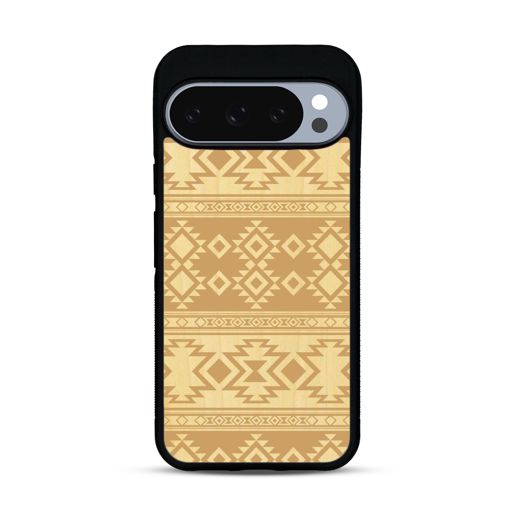 Coque de protection en bois véritable fabriquée en France pour  avec des motifs géométriques s'inspirant des temples aztèques, mayas et incas