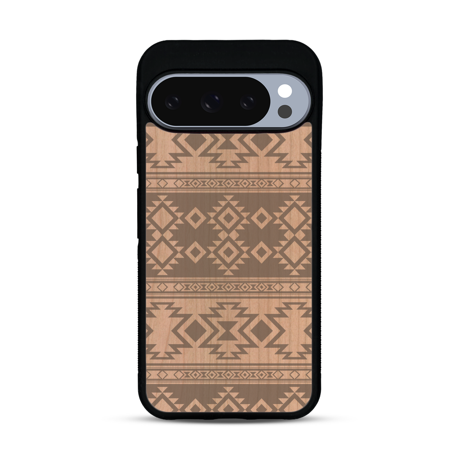 Coque de protection en bois véritable fabriquée en France pour  avec des motifs géométriques s'inspirant des temples aztèques, mayas et incas