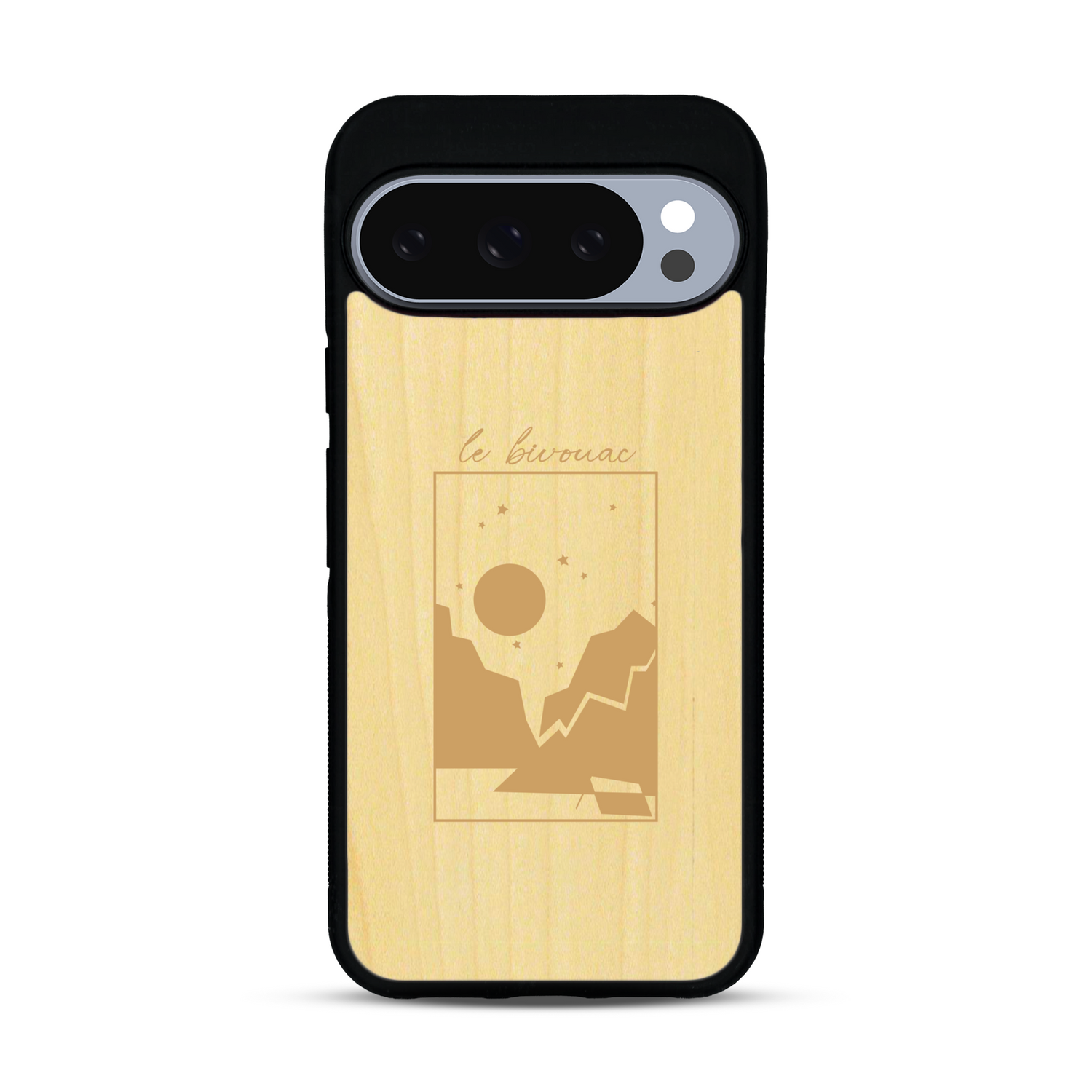 Coque de protection en bois véritable fabriquée en France pour  sur le thème du camping en pleine nature et du bivouac avec la phrase "Aventure is out there"