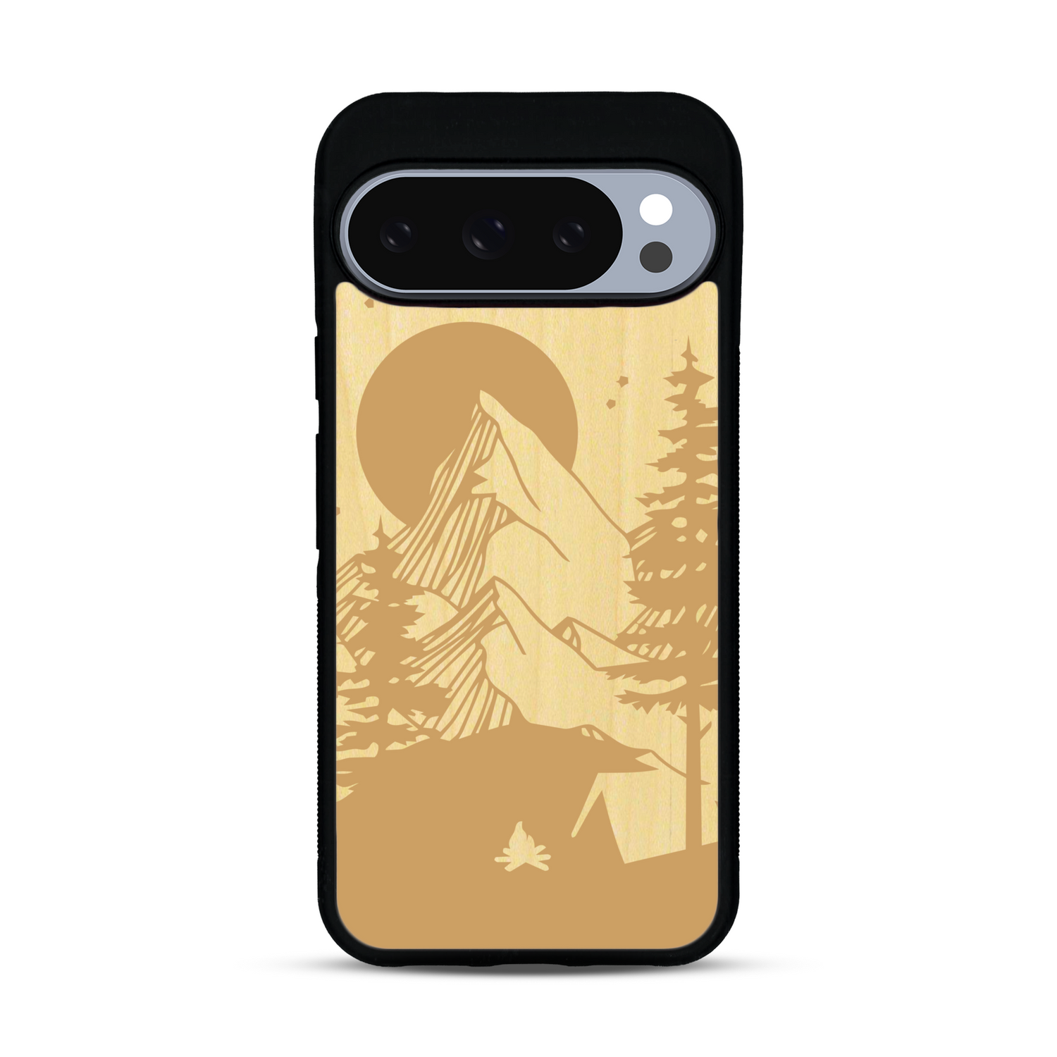 Coque de protection en bois véritable fabriquée en France pour  sur le thème du camping en pleine nature représentant une tente avec un feu de camp entouré de montagnes