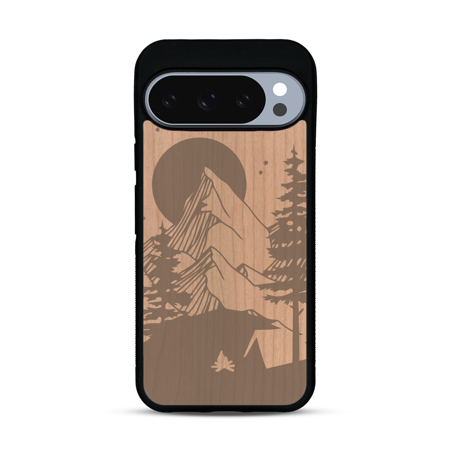 Coque de protection en bois véritable fabriquée en France pour  sur le thème du camping en pleine nature représentant une tente avec un feu de camp entouré de montagnes