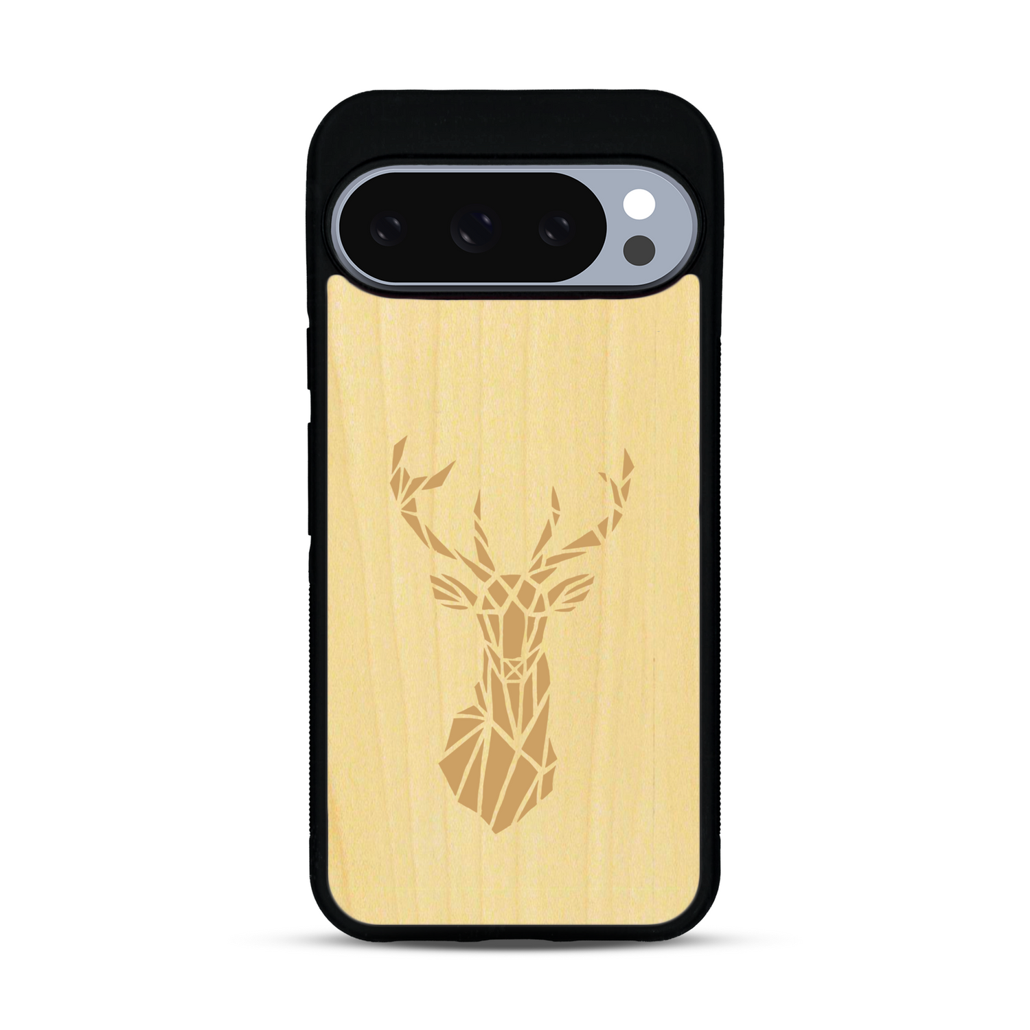 Coque de protection en bois véritable fabriquée en France pour  sur le thème de la nature et des animaux représentant une tête de cerf gométrique avec un design moderne et minimaliste