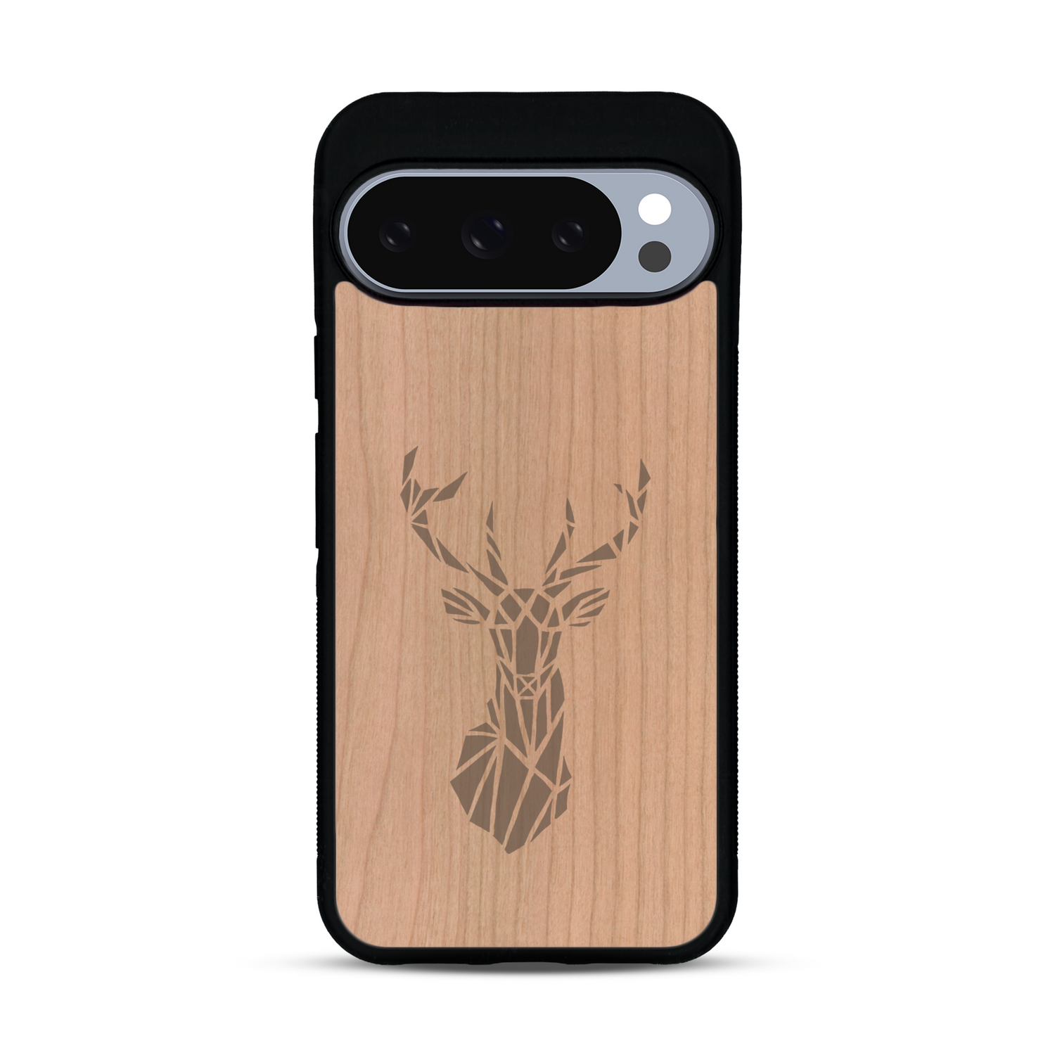 Coque de protection en bois véritable fabriquée en France pour  sur le thème de la nature et des animaux représentant une tête de cerf gométrique avec un design moderne et minimaliste