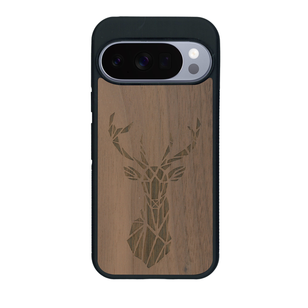 Coque de protection en bois véritable fabriquée en France pour Google Pixel 10 Pro XL sur le thème de la nature et des animaux représentant une tête de cerf gométrique avec un design moderne et minimaliste