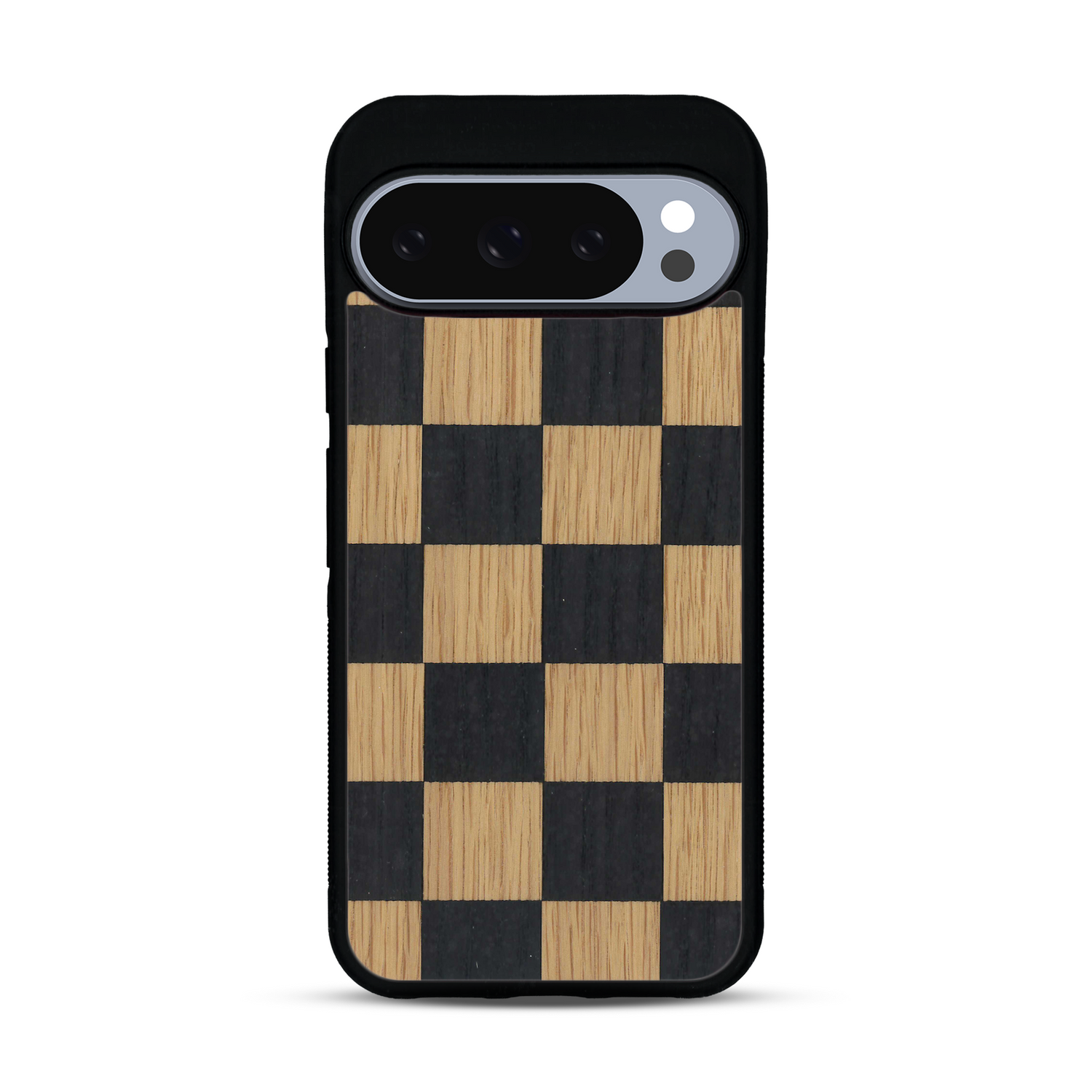 Coque de protection en bois véritable fabriquée en France pour  alliant plusieurs essences de bois pour représenter un damier