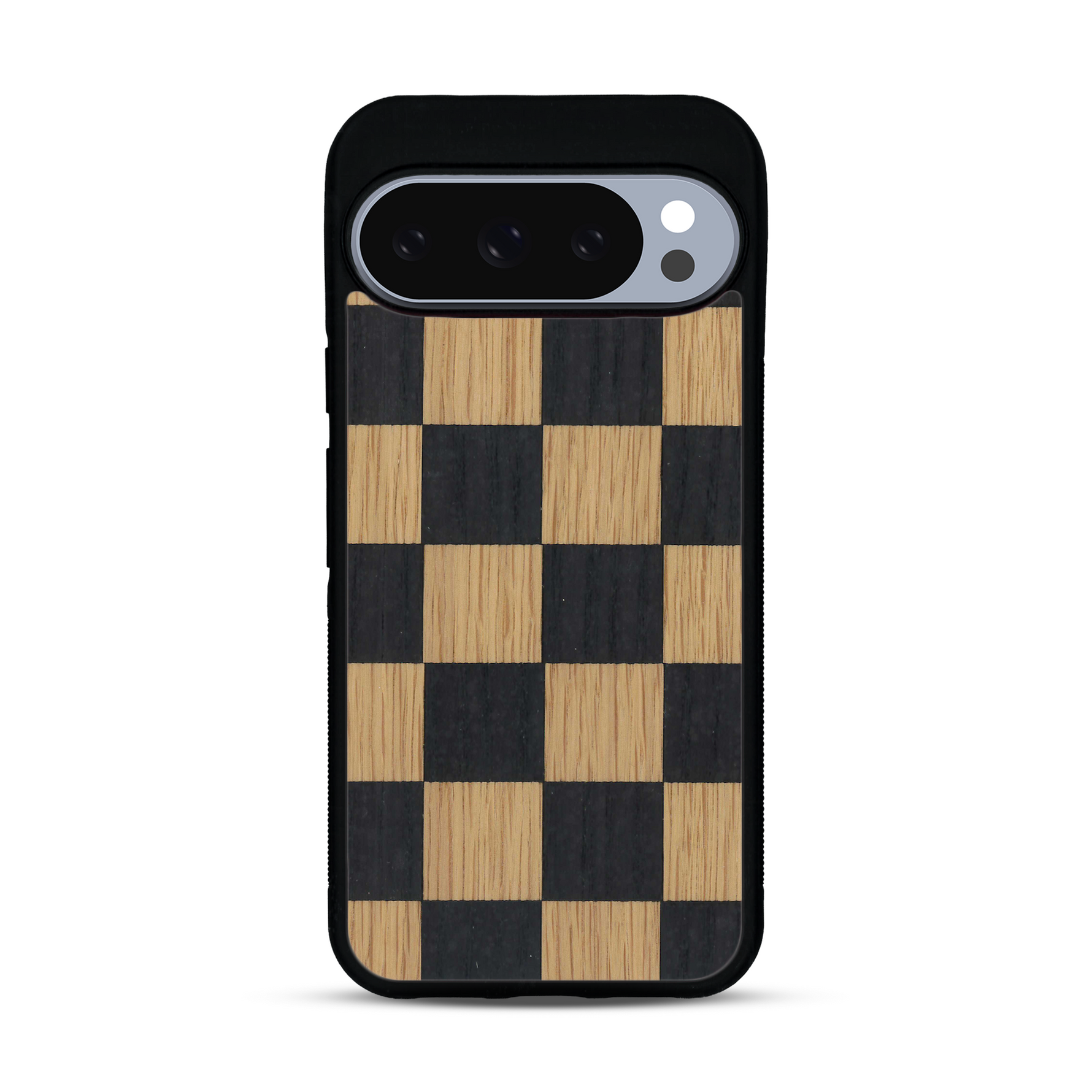 Coque de protection en bois véritable fabriquée en France pour  alliant plusieurs essences de bois pour représenter un damier