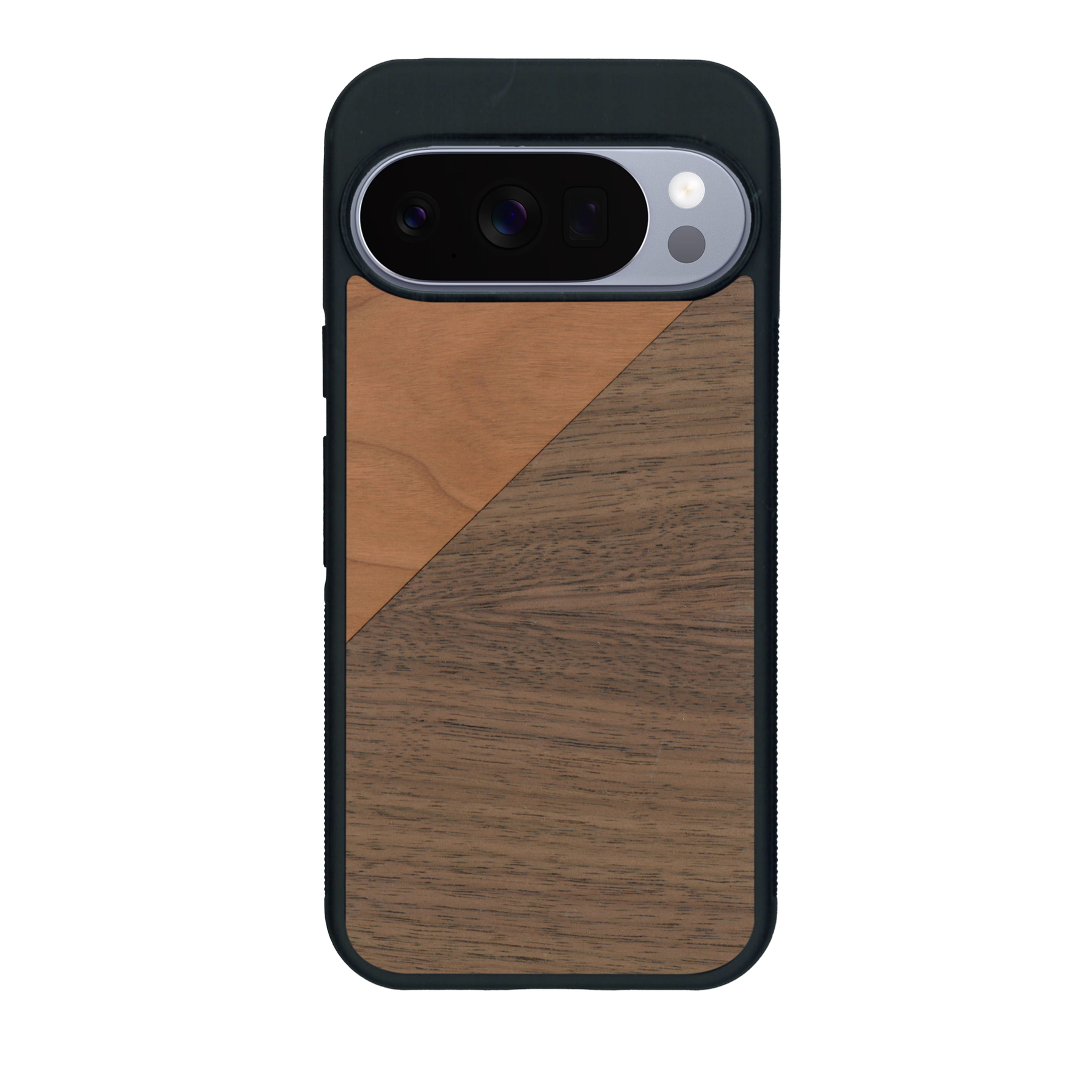 Coque de protection en bois véritable fabriquée en France pour Google Pixel 10 Pro XL alliant du merisier et du noyer formant chacun un triangle avec une jointure en diagonale sur le thème de l'art abstrait