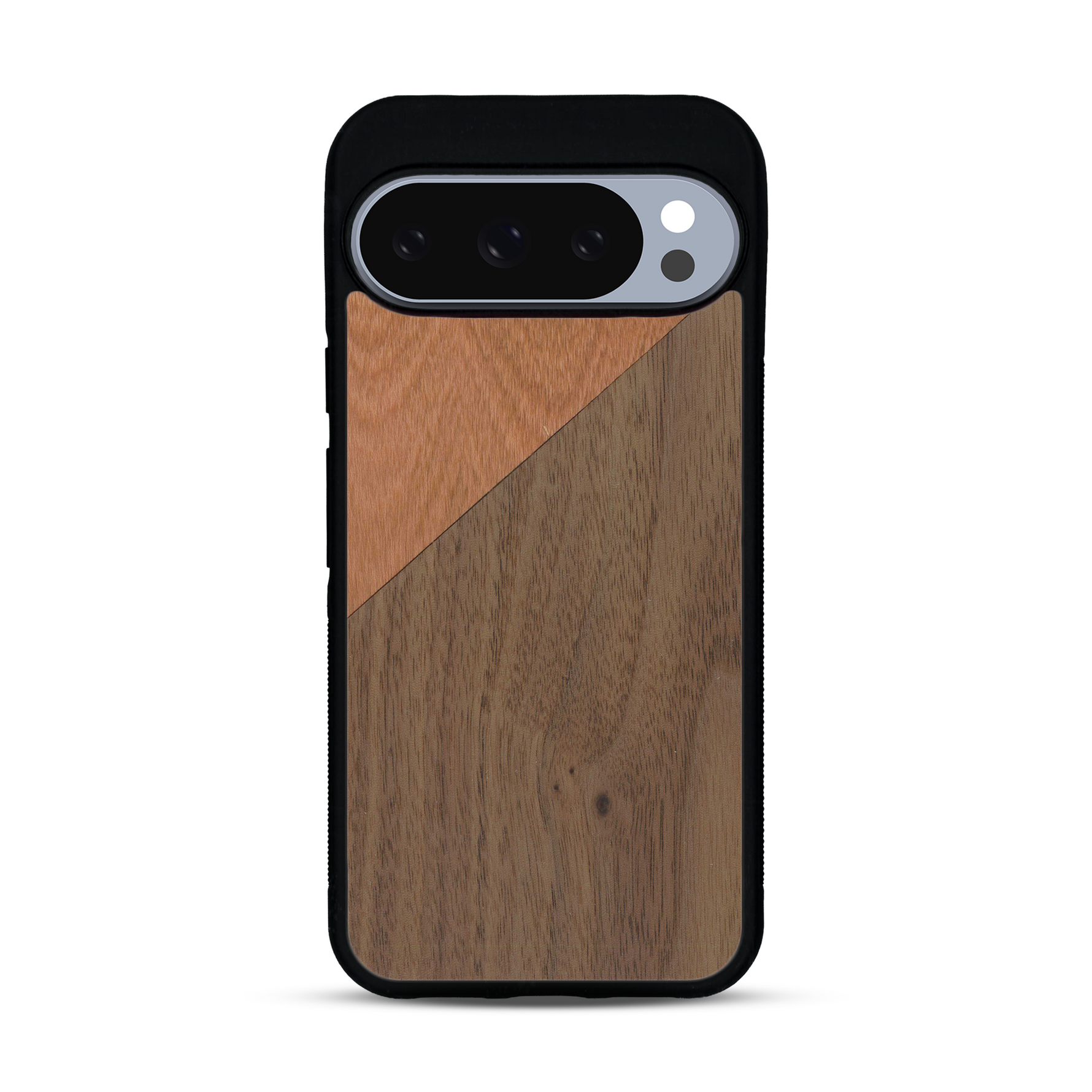 Coque de protection en bois véritable fabriquée en France pour  alliant du merisier et du noyer formant chacun un triangle avec une jointure en diagonale sur le thème de l'art abstrait