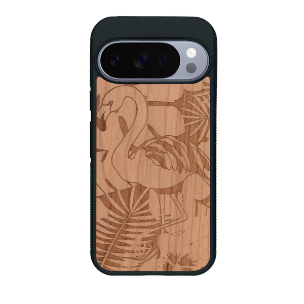 Coque de protection en bois véritable fabriquée en France pour Google Pixel 10 Pro XL sur le thème de la nature et des animaux représentant un flamant rose entre des fougères