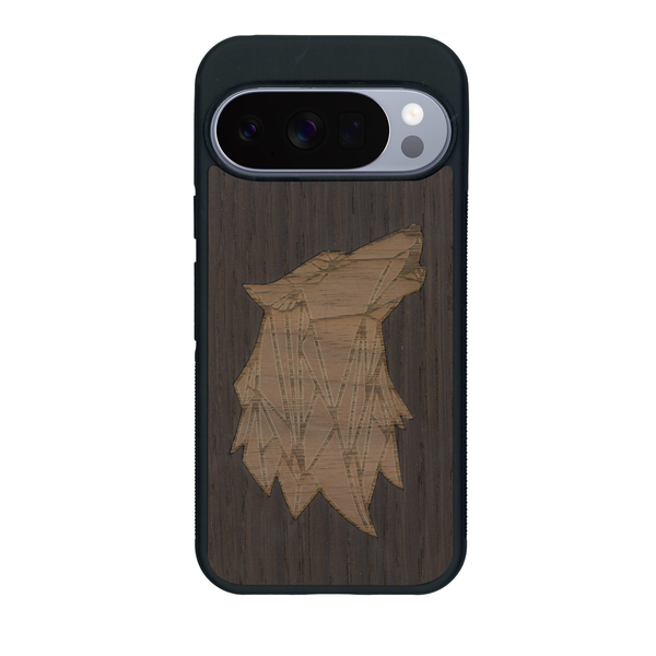 Coque de protection en bois véritable fabriquée en France pour Google Pixel 10 Pro XL alliant du chêne fumé et du noyer représentant une tête de loup géométrique de profil sur le thème des animaux et de la nature