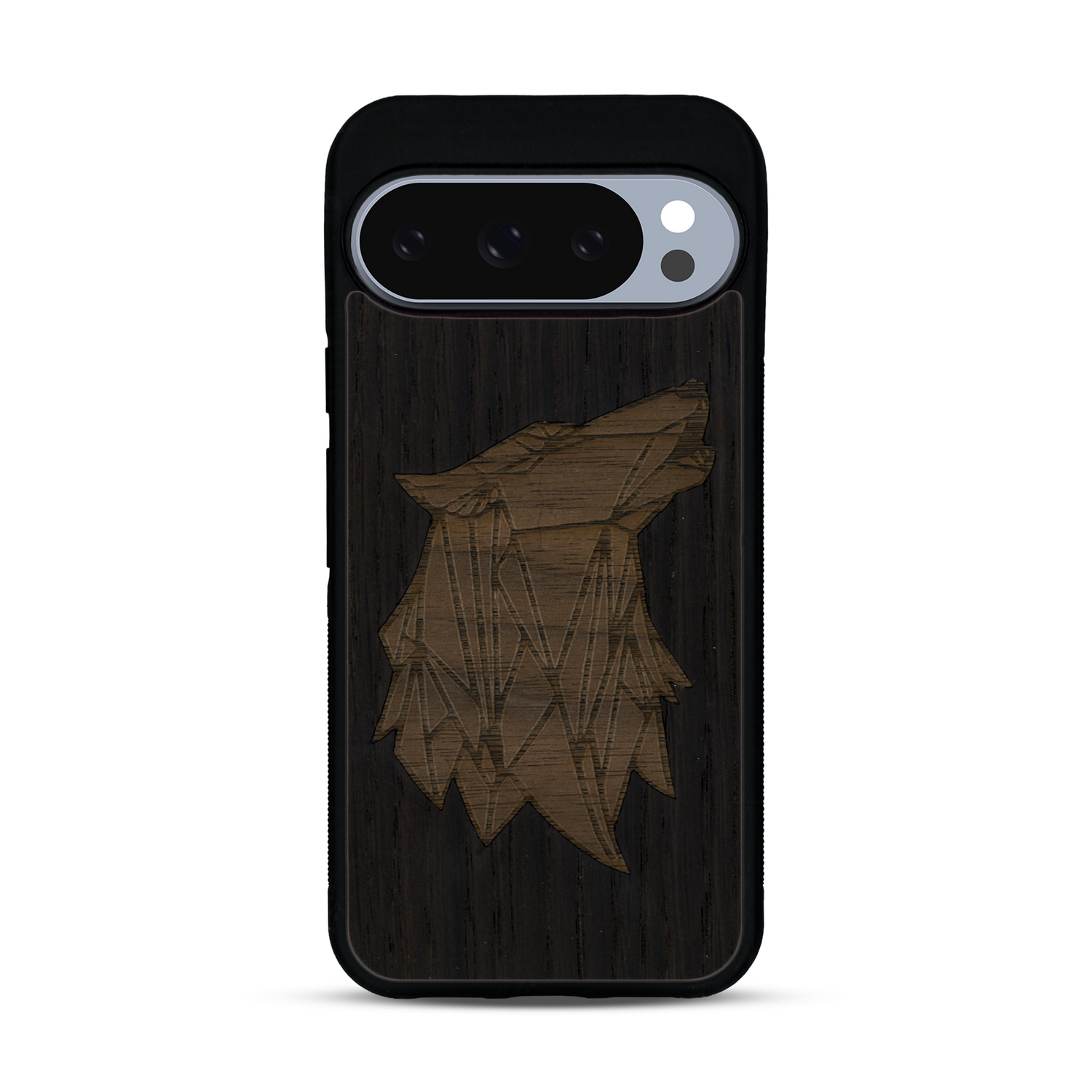 Coque de protection en bois véritable fabriquée en France pour  alliant du chêne fumé et du noyer représentant une tête de loup géométrique de profil sur le thème des animaux et de la nature
