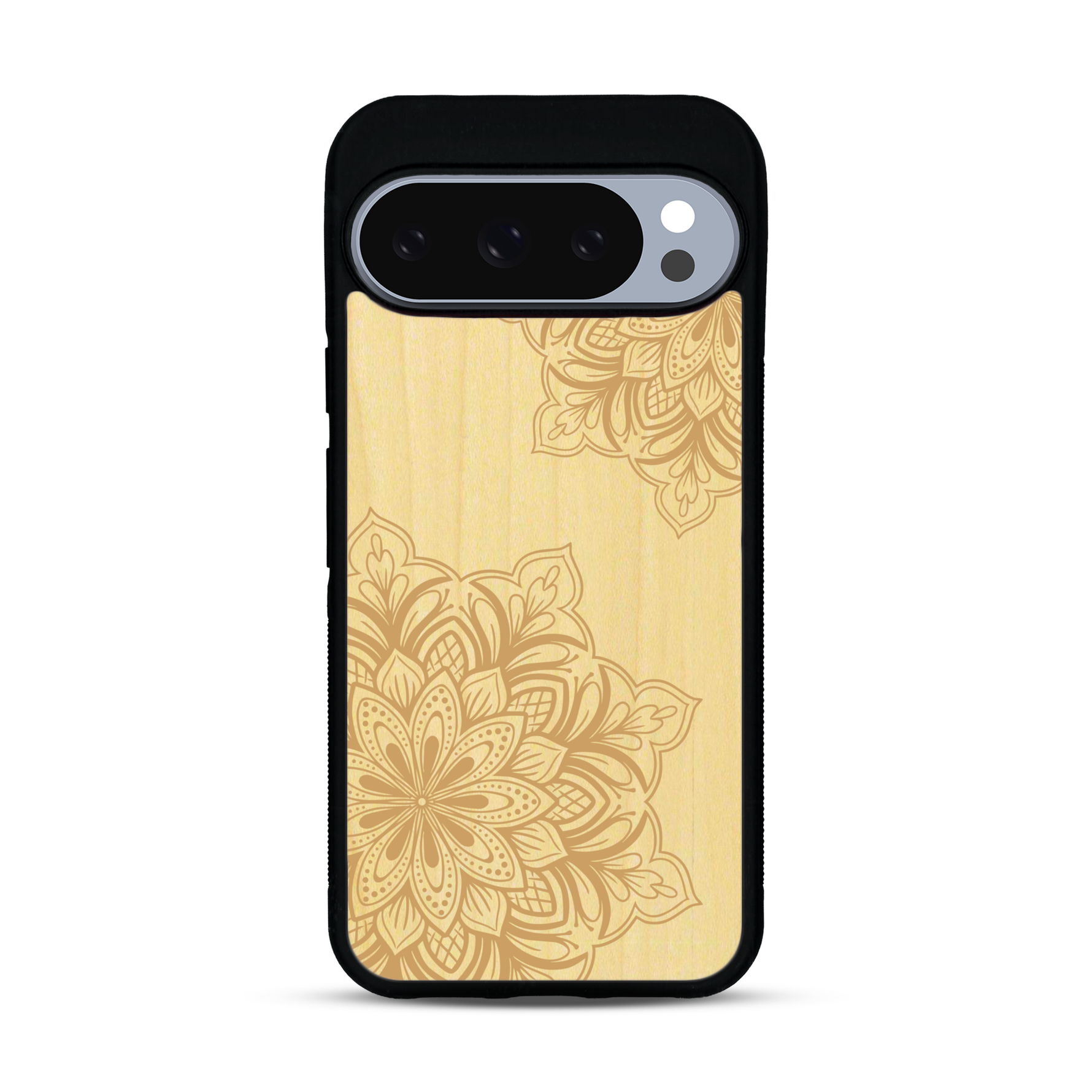 Coque de protection en bois véritable fabriquée en France pour  sur le thème de la bohème et du tatouage au henné avec une gravure représentant un mandala