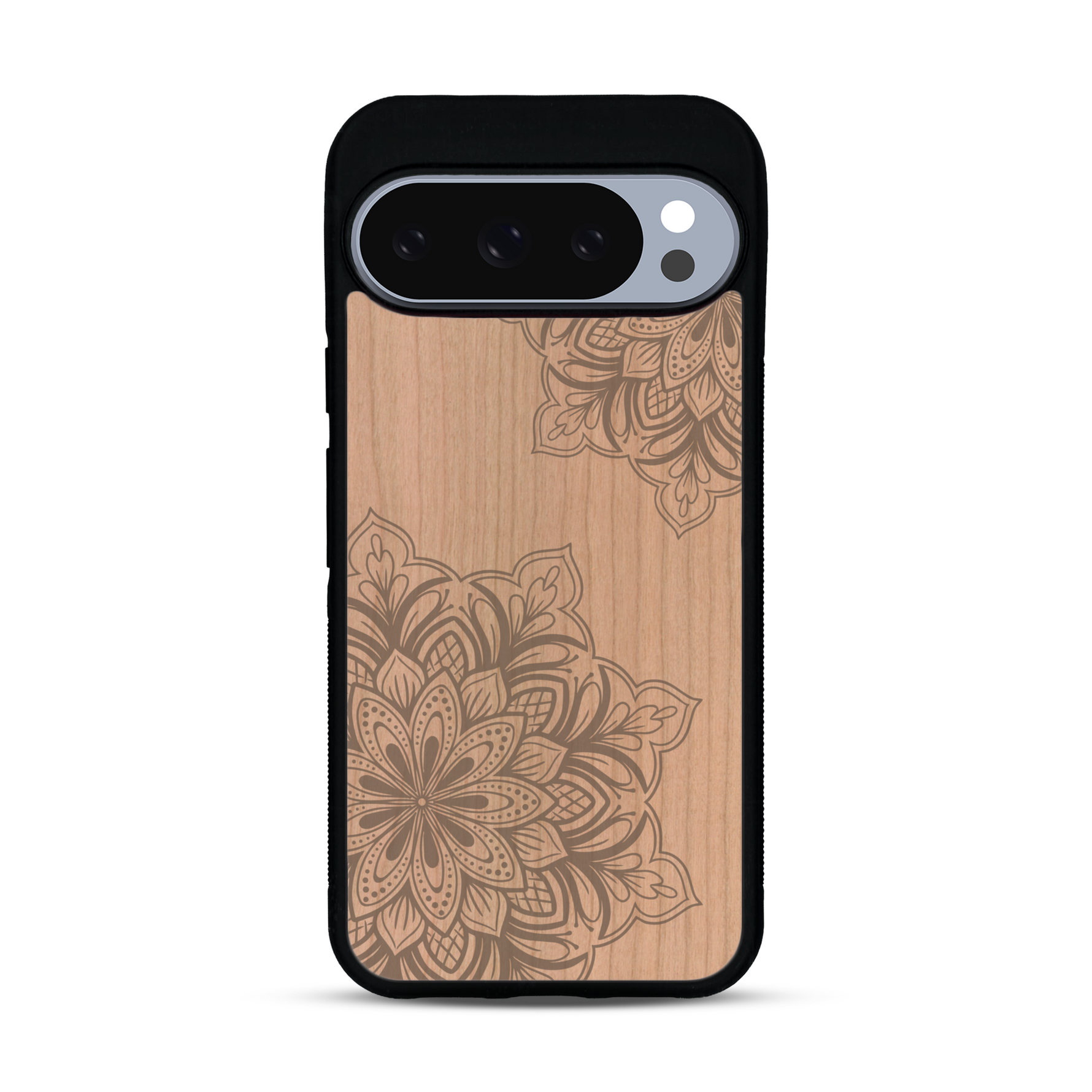 Coque de protection en bois véritable fabriquée en France pour  sur le thème de la bohème et du tatouage au henné avec une gravure représentant un mandala