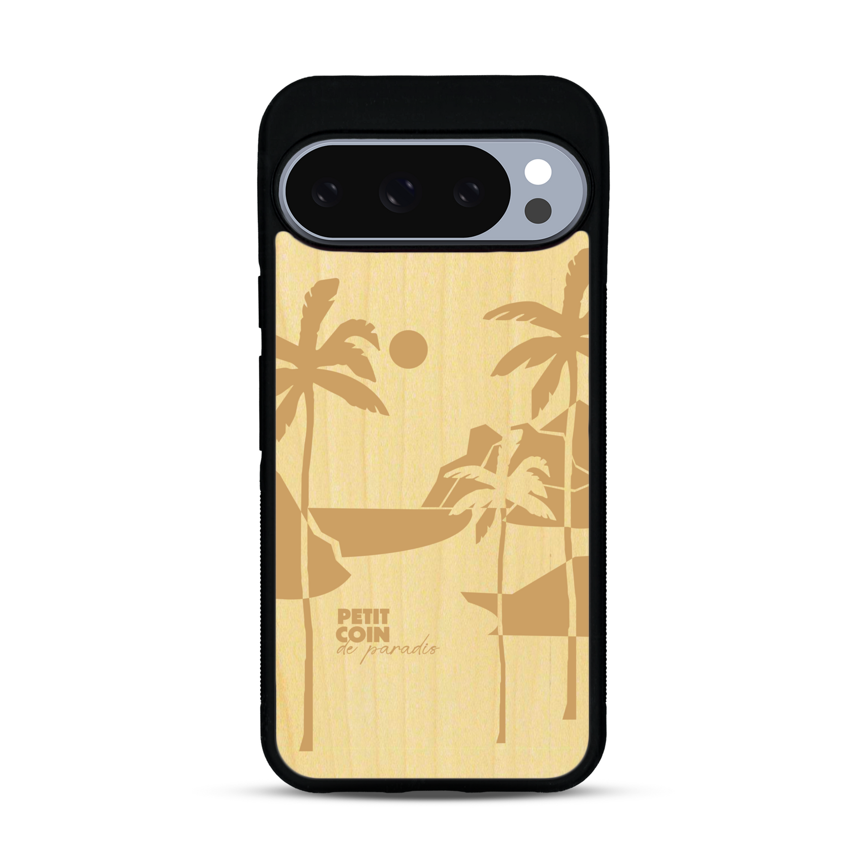 Coque de protection en bois véritable fabriquée en France pour  sur le thème des voyages en vans, vanlife et chill avec une gravure représentant un van vw combi devant le soleil couchant sur une plage avec des vagues