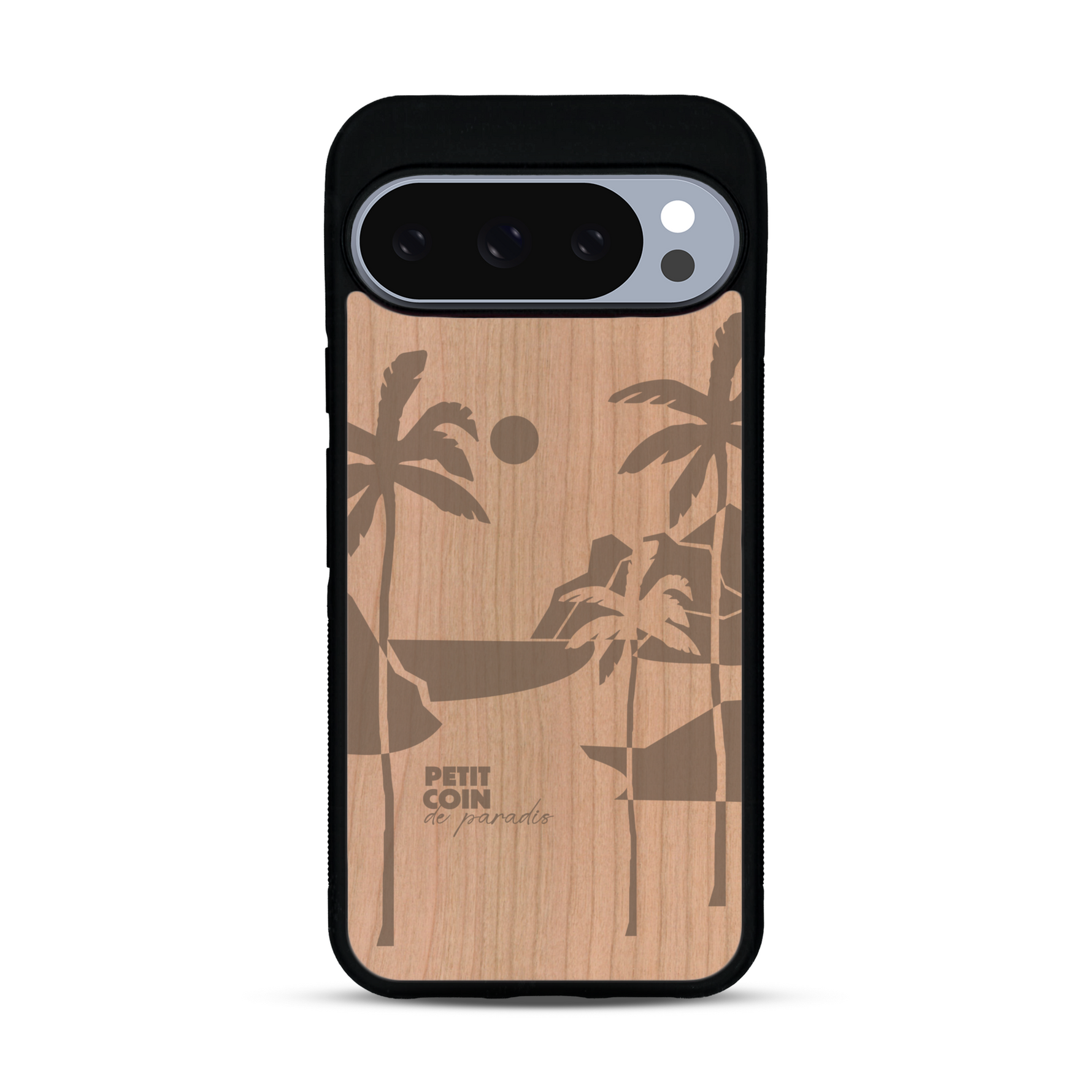 Coque de protection en bois véritable fabriquée en France pour  sur le thème des voyages en vans, vanlife et chill avec une gravure représentant un van vw combi devant le soleil couchant sur une plage avec des vagues