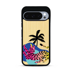 Coque de protection en bois véritable fabriquée en France pour Google Pixel 10 Pro XL représentant un tigre coloré avec un design moderne et minimaliste sur le thème de la jungle et de la nature