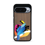 Coque de protection en bois véritable fabriquée en France pour Google Pixel 10 Pro XL représentant un toucan coloré avec un design moderne et minimaliste sur le thème de la jungle et de la nature