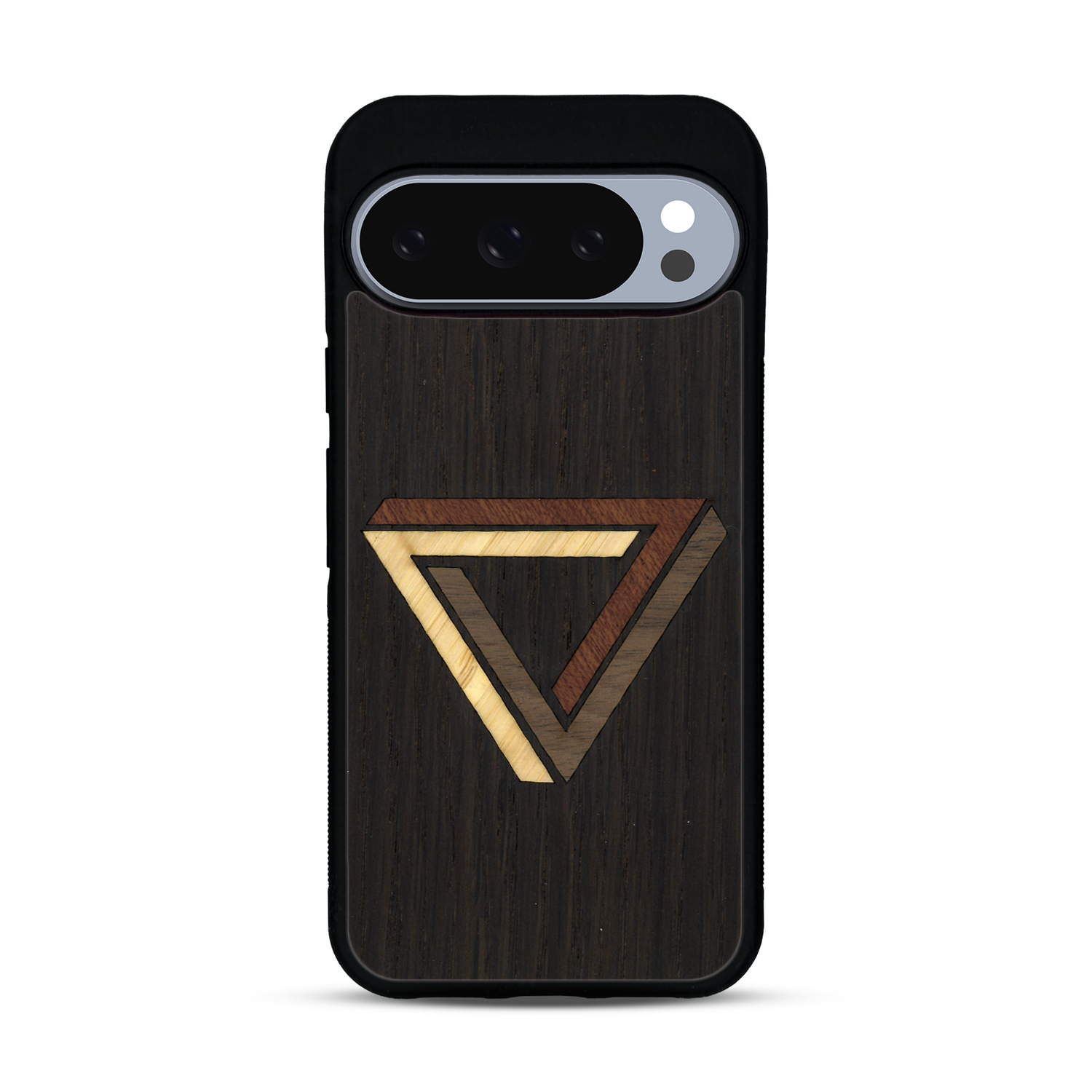 Coque de protection en bois véritable fabriquée en France pour  sur le thème de l'art géométrique qui allie du chêne fumé, du noyer, du bambou et du padouk représentant le triangle de penrose
