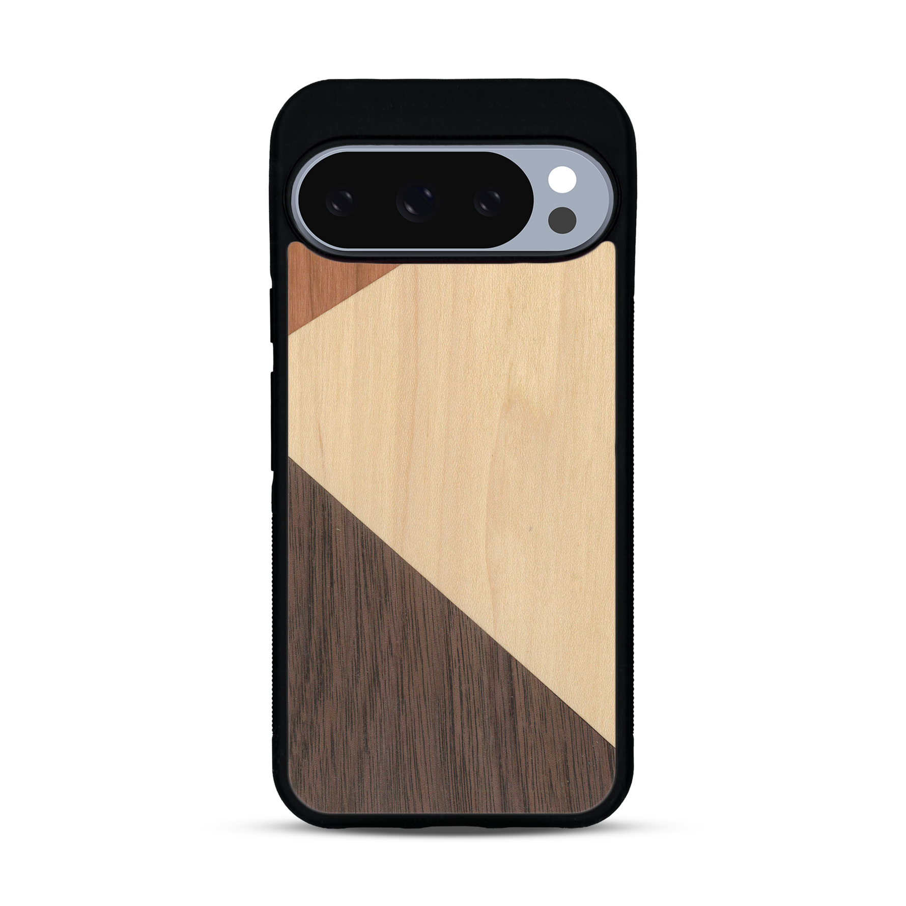 Coque de protection en bois véritable fabriquée en France pour  alliant du merisier, du noyer et du bambou formant chacun deux triangles et un trapèze avec deux jointures en diagonale sur le thème de l'art abstrait