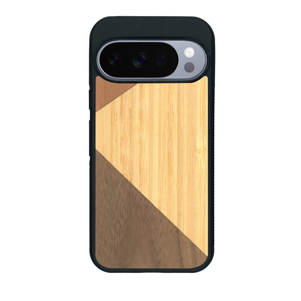 Coque de protection en bois véritable fabriquée en France pour Google Pixel 10 Pro XL alliant du merisier, du noyer et du bambou formant chacun deux triangles et un trapèze avec deux jointures en diagonale sur le thème de l'art abstrait