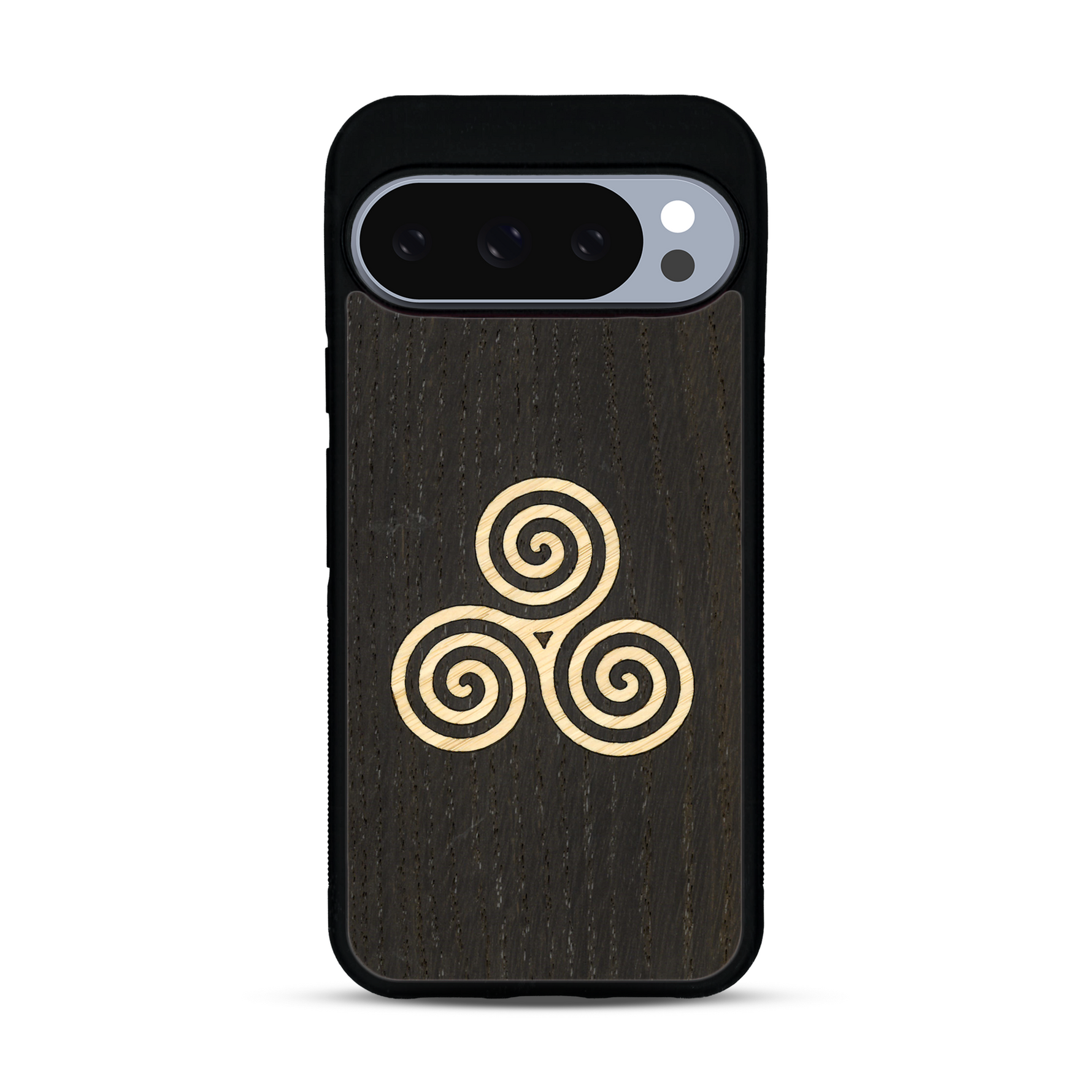 Coque de protection en bois véritable fabriquée en France pour  alliant du chêne fumé et du bambou et doré représentant un triskell