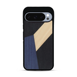Coque de protection en bois véritable fabriquée en France pour  alliant du bambou, du tulipier bleu et noir en forme de mosaïque minimaliste sur le thème de l'art abstrait