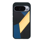 Coque de protection en bois véritable fabriquée en France pour Google Pixel 10 Pro XL alliant du bambou, du tulipier bleu et noir en forme de mosaïque minimaliste sur le thème de l'art abstrait