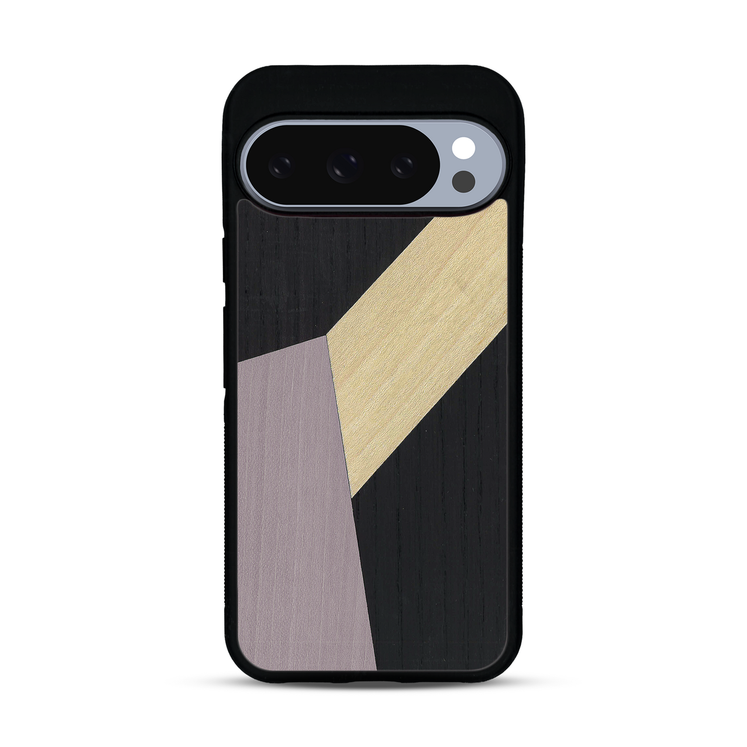 Coque de protection en bois véritable fabriquée en France pour  alliant du bambou, du tulipier mauve et noir en forme de mosaïque minimaliste sur le thème de l'art abstrait