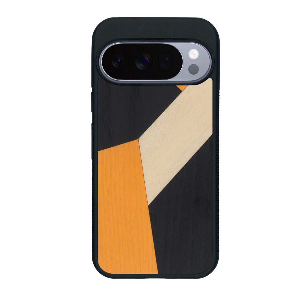 Coque de protection en bois véritable fabriquée en France pour Google Pixel 10 Pro XL alliant du bambou, du tulipier orange et noir en forme de mosaïque minimaliste sur le thème de l'art abstrait