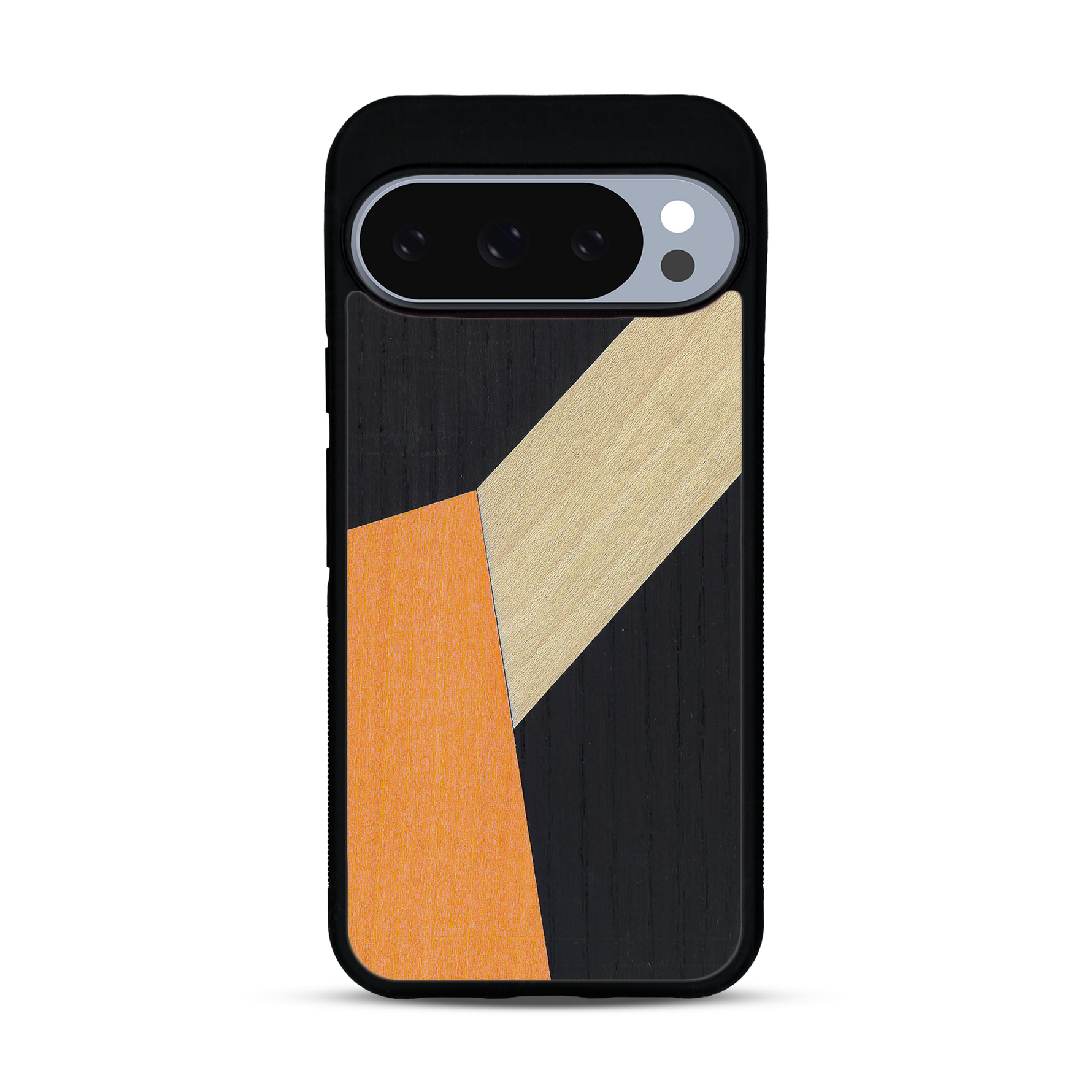 Coque de protection en bois véritable fabriquée en France pour  alliant du bambou, du tulipier orange et noir en forme de mosaïque minimaliste sur le thème de l'art abstrait
